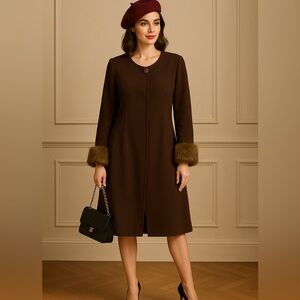 XLand Dolce Brown Longline Coat Faux Fur Cuff Vintage Glam Retro 60s Style XL